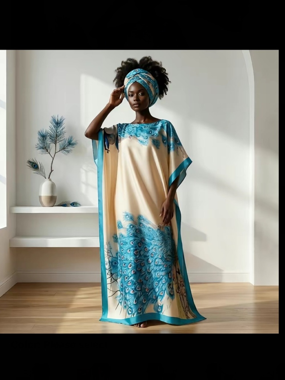 NWT Elegant Peacock Print Kaftan in Teal and Cream